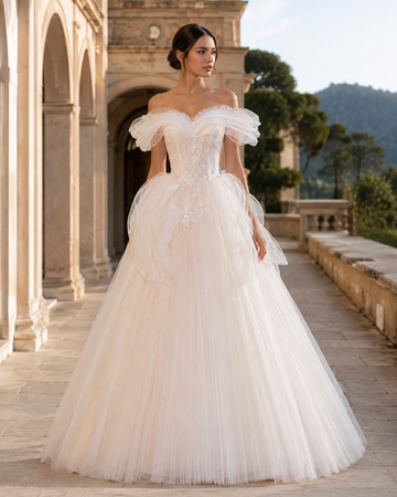MANT Off-Shoulder Lace Petal Ball Gown Wedding Dress
