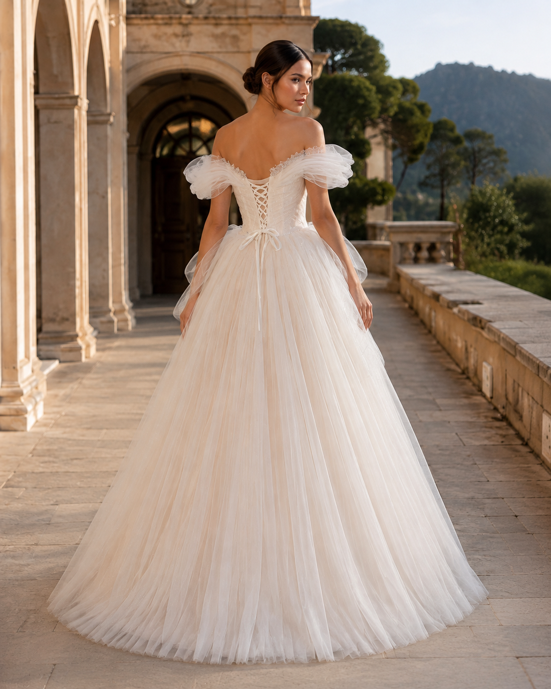 MANT Off-Shoulder Lace Petal Ball Gown Wedding Dress