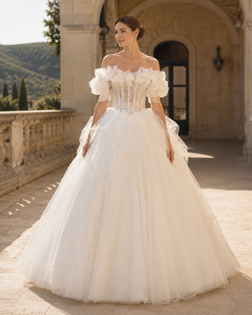 MANT Off-Shoulder Petal Ruffle Ball Gown Wedding Dress