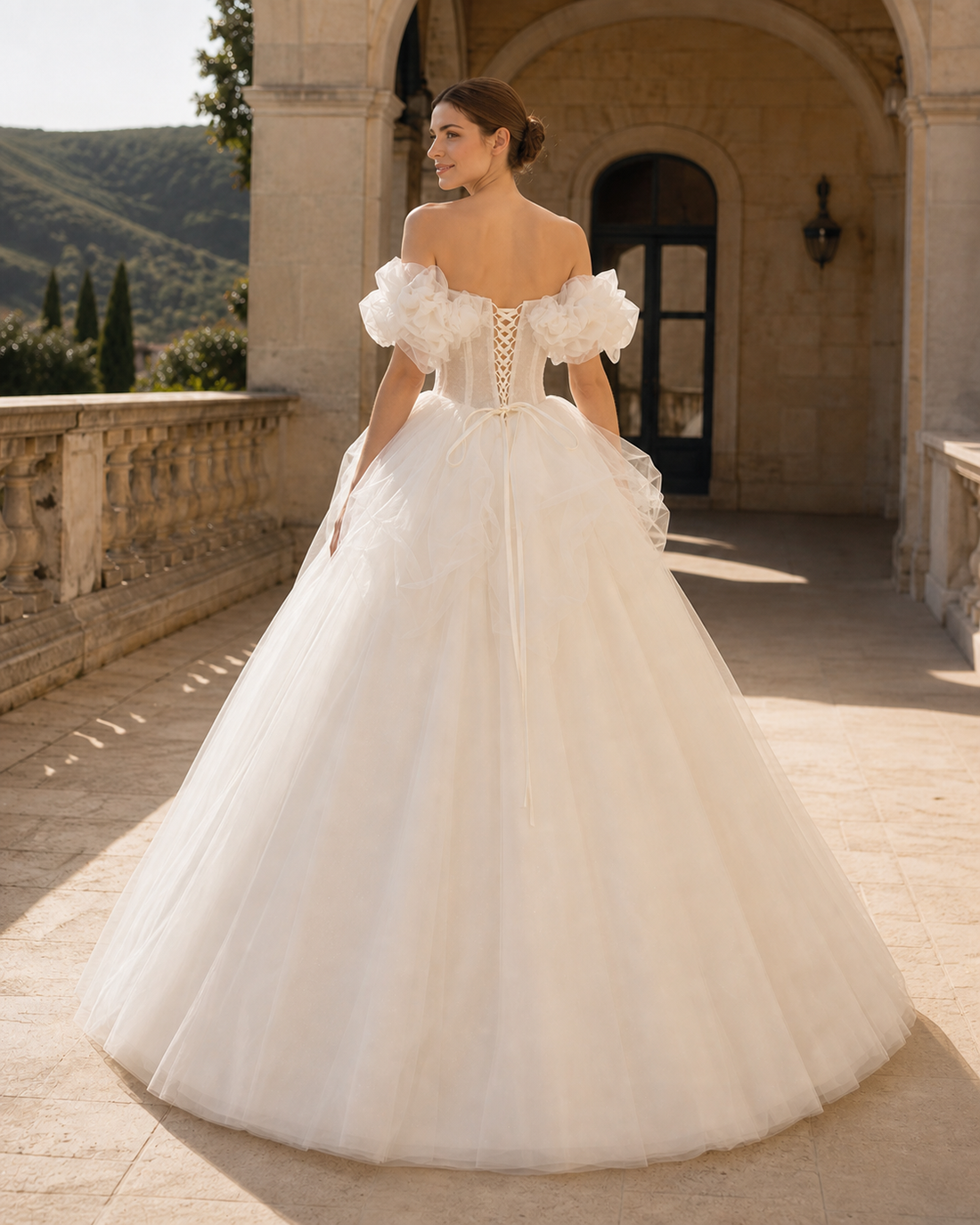 MANT Off-Shoulder Petal Ruffle Ball Gown Wedding Dress