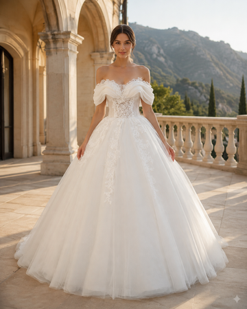 MANT Draped Off-Shoulder Floral Lace Ball Gown Wedding Dress