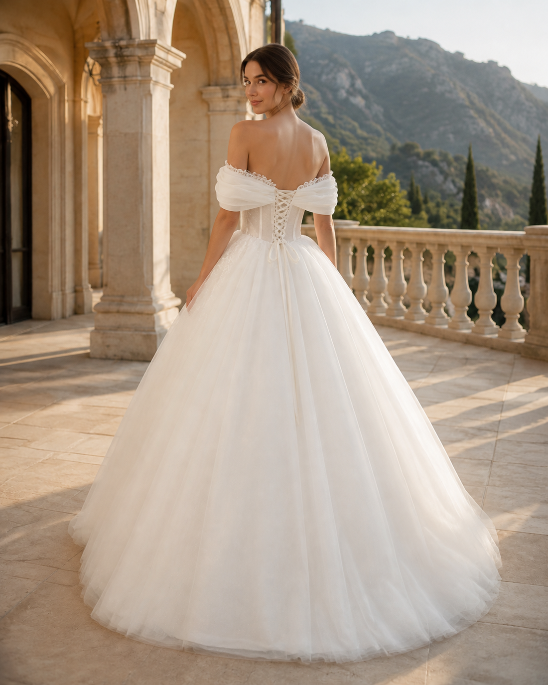 MANT Draped Off-Shoulder Floral Lace Ball Gown Wedding Dress