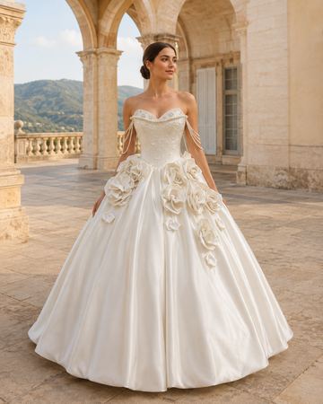 MANT Strapless Rosette Satin-Look Ball Gown Wedding Dress