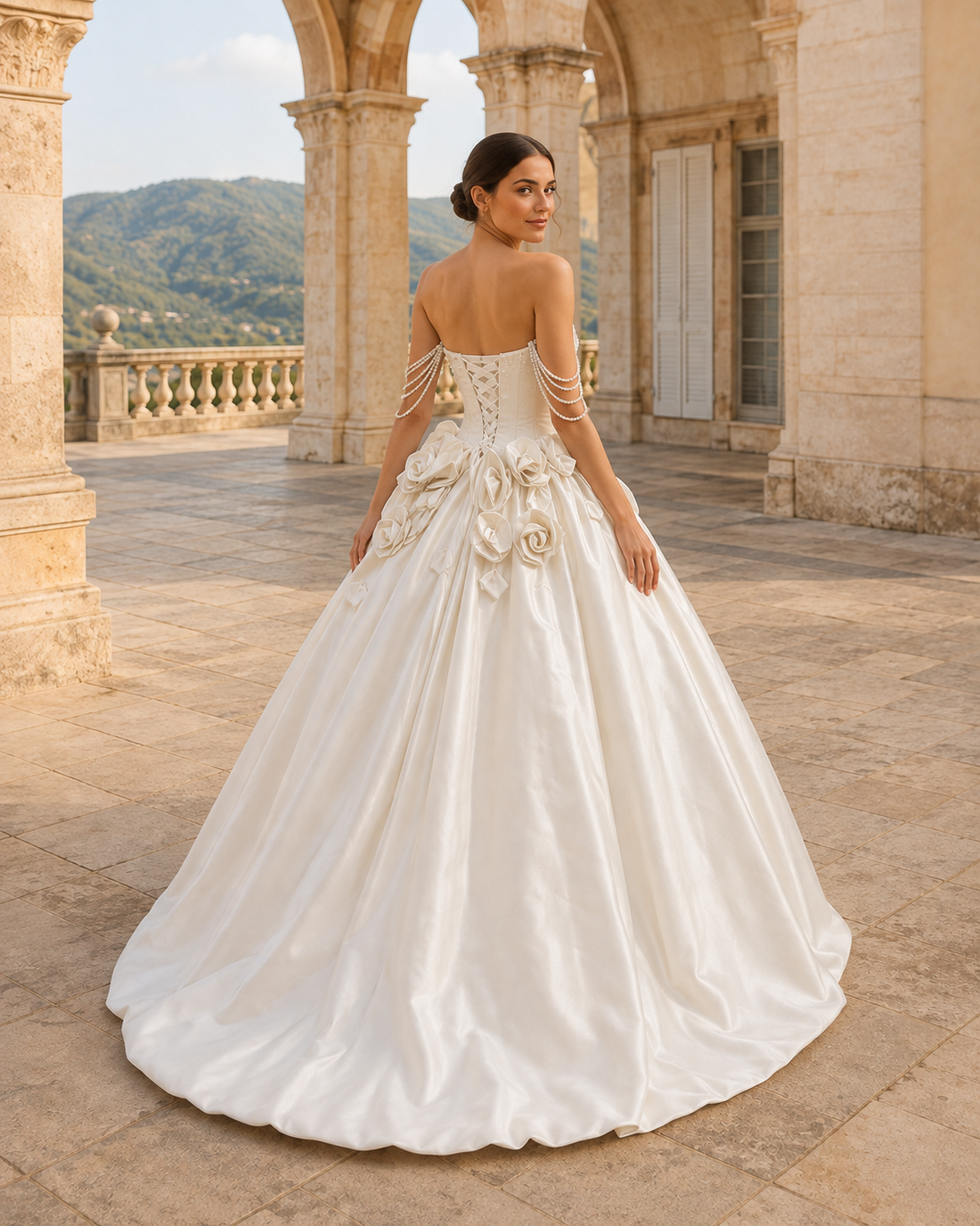 MANT Strapless Rosette Satin-Look Ball Gown Wedding Dress