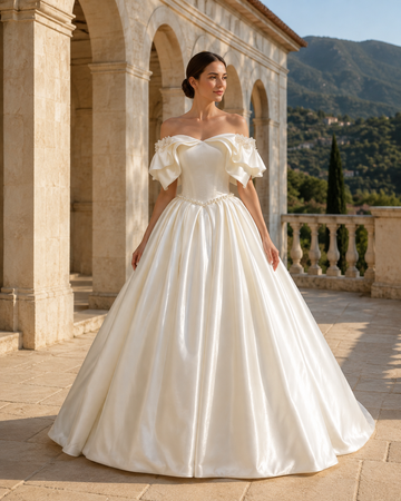 MANT Off-Shoulder Ruffled Satin-Look Ball Gown Wedding Dress