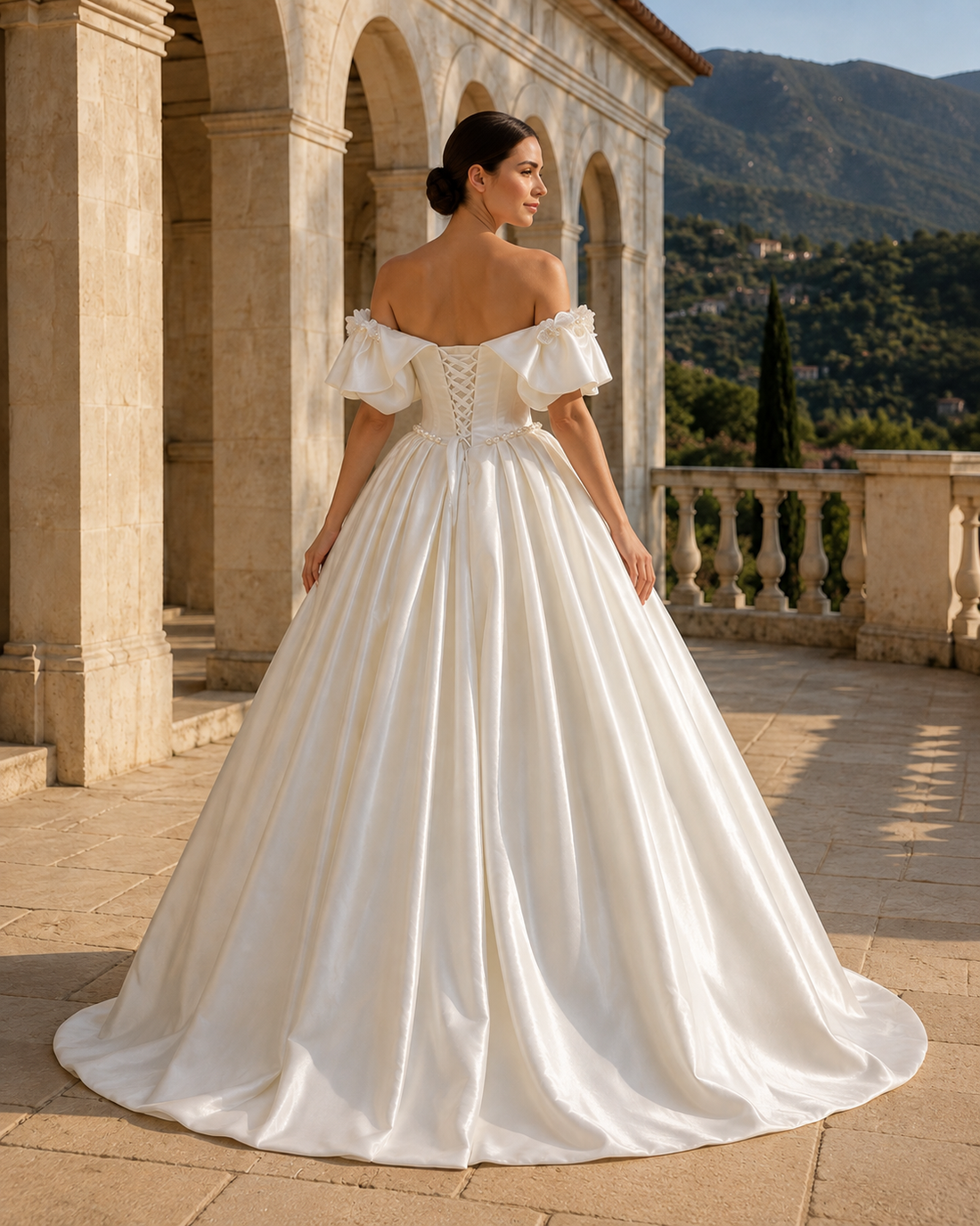 MANT Off-Shoulder Ruffled Satin-Look Ball Gown Wedding Dress