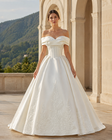 MANT Folded Off-Shoulder Floral Satin-Look Ball Gown Wedding Dress