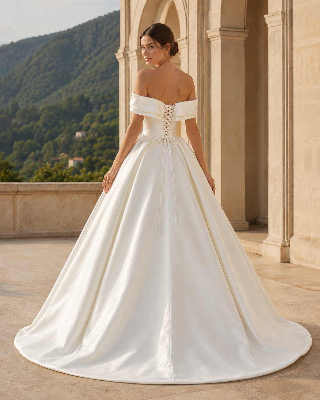 MANT Folded Off-Shoulder Floral Satin-Look Ball Gown Wedding Dress
