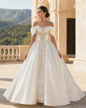 MANT Off-Shoulder Ornate Center Panel Ball Gown Wedding Dress