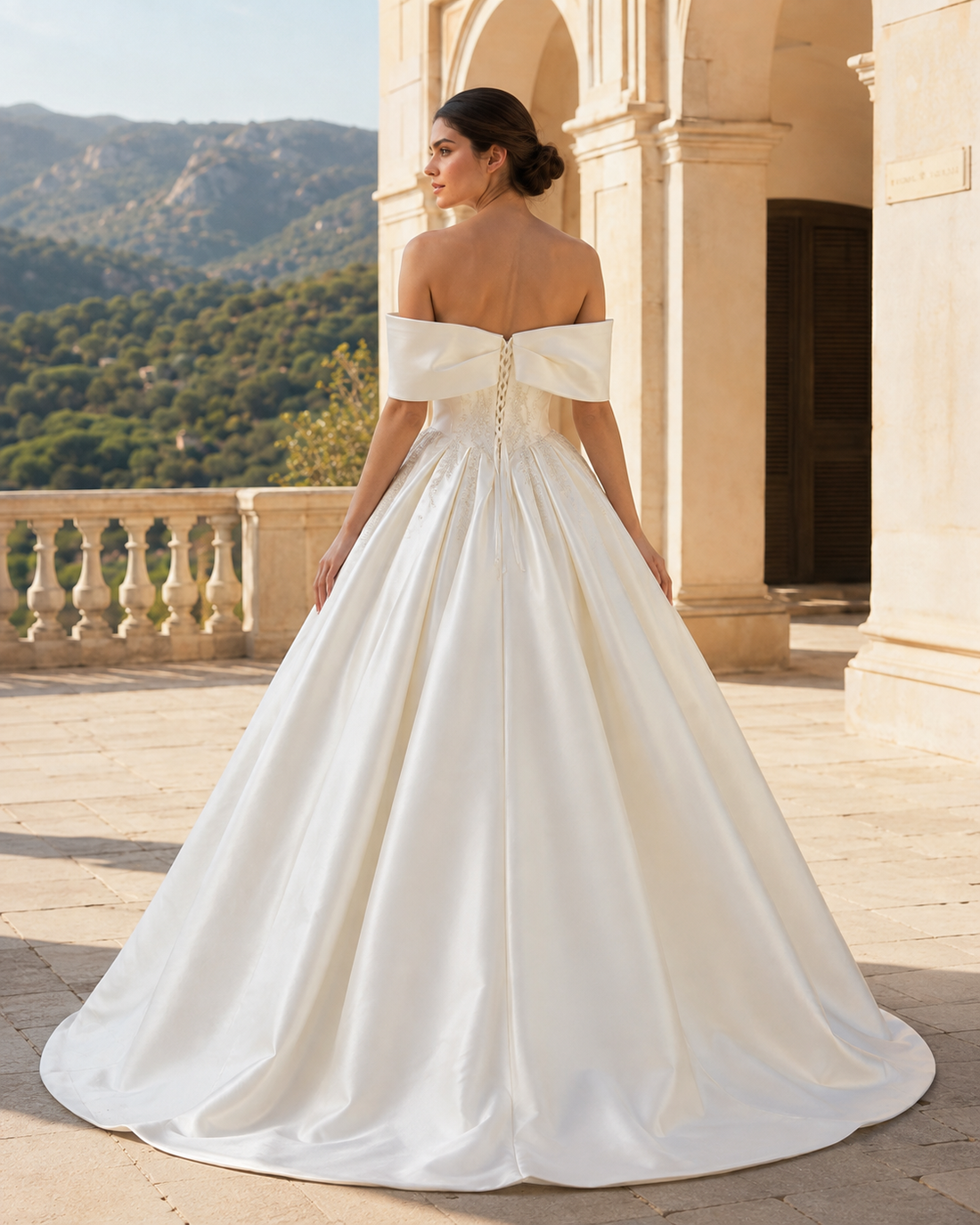MANT Off-Shoulder Ornate Center Panel Ball Gown Wedding Dress