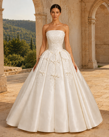 MANT Strapless Lace Ribbon Bow Ball Gown Wedding Dress
