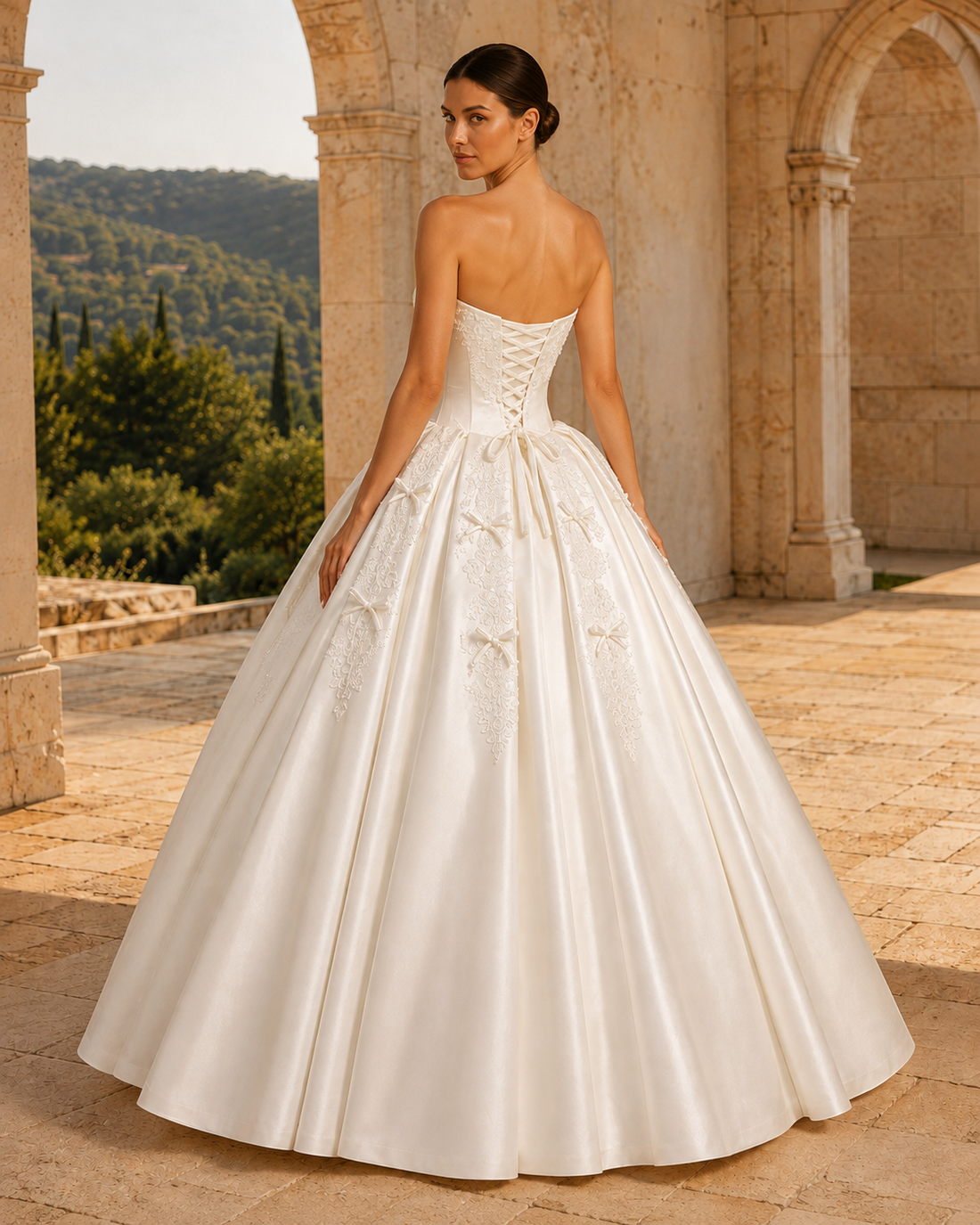 MANT Strapless Lace Ribbon Bow Ball Gown Wedding Dress