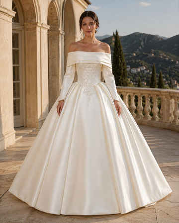 MANT Folded Off-Shoulder Long-Sleeve Satin-Look Ball Gown Wedding Dress