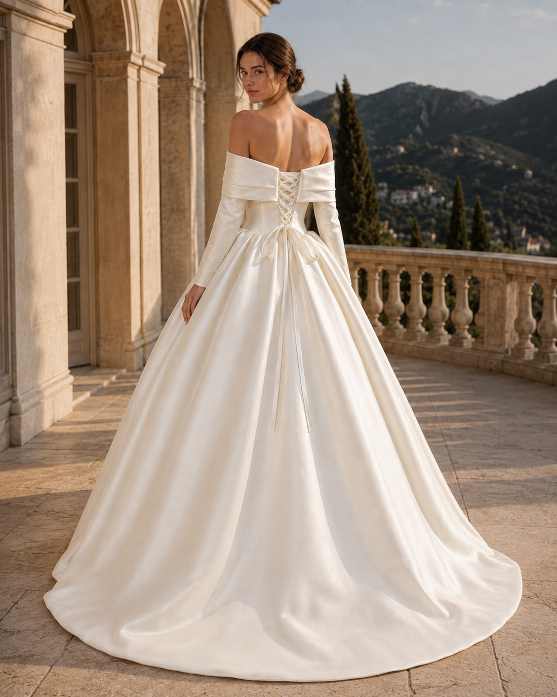 MANT Folded Off-Shoulder Long-Sleeve Satin-Look Ball Gown Wedding Dress