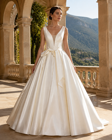 MANT Plunging V-Neck Satin-Look Bow Ball Gown Wedding Dress
