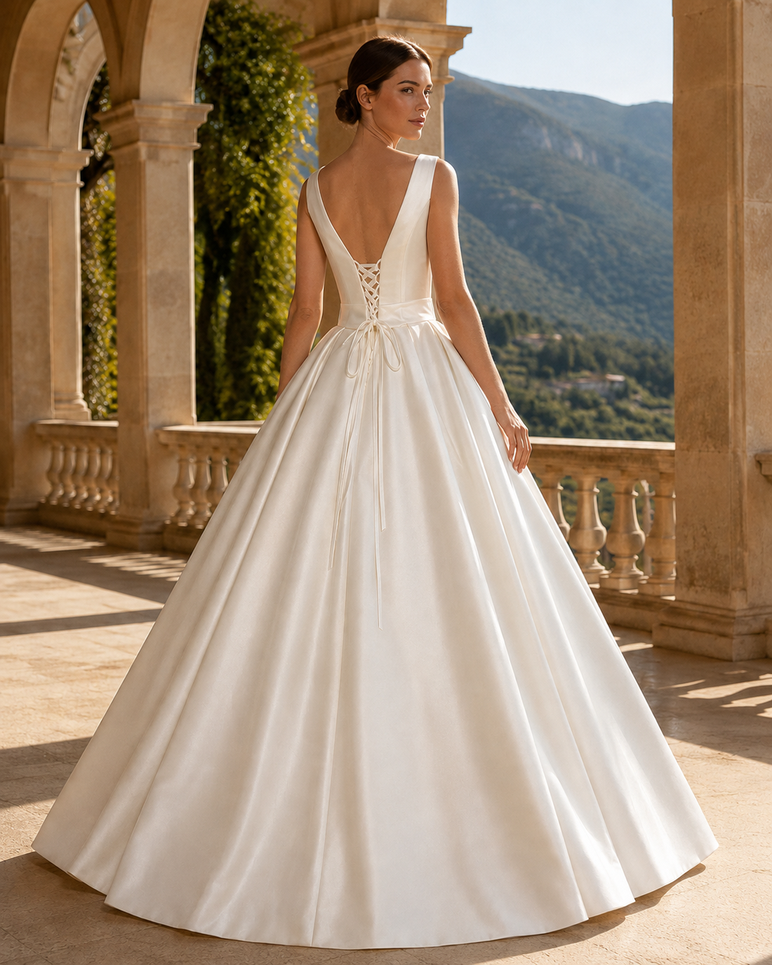 MANT Plunging V-Neck Satin-Look Bow Ball Gown Wedding Dress