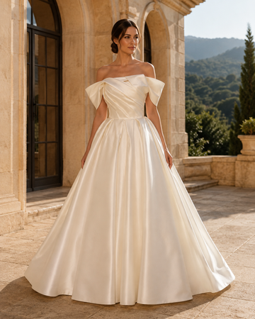 MANT Asymmetric Draped Off-Shoulder Satin-Look Ball Gown Wedding Dress