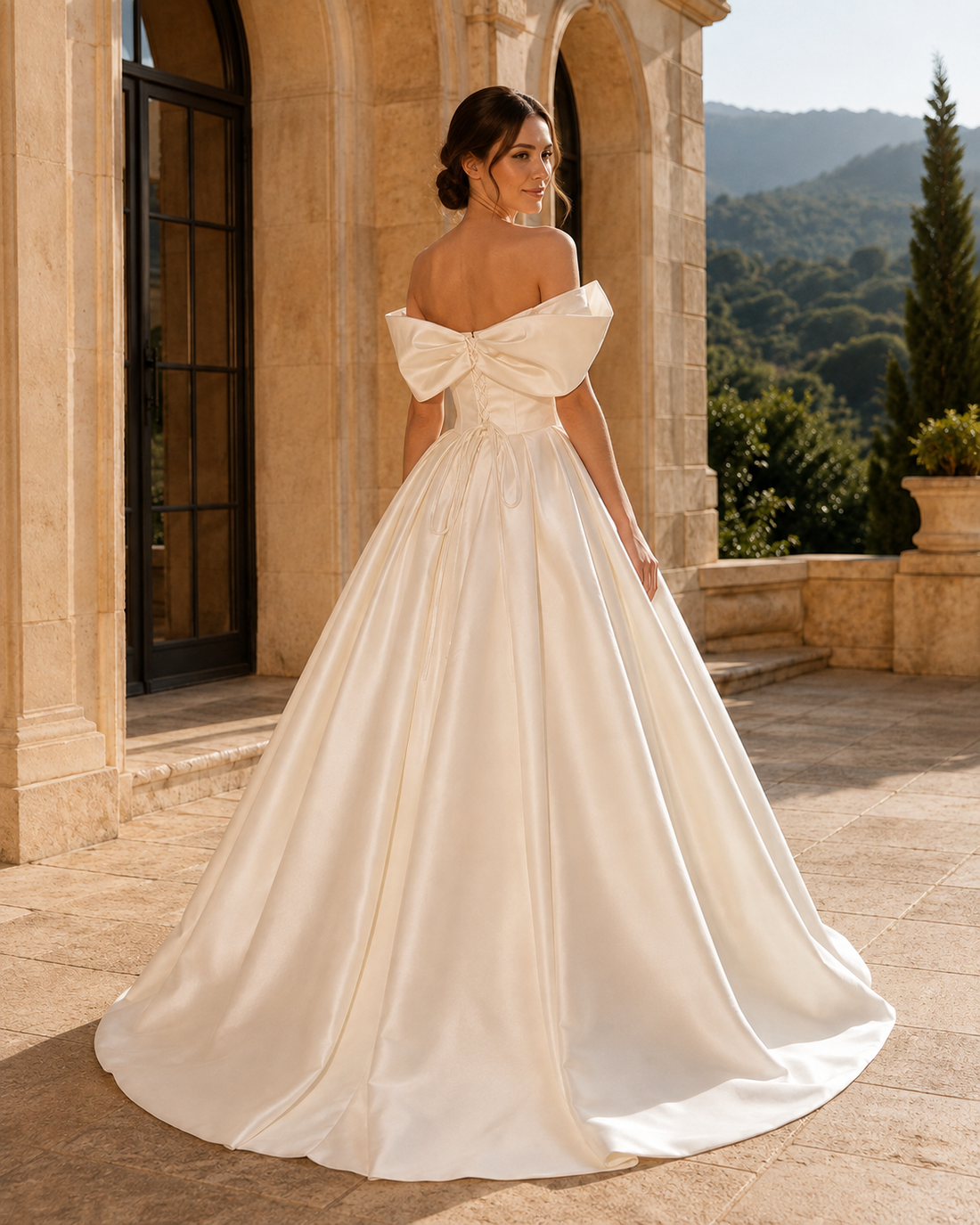 MANT Asymmetric Draped Off-Shoulder Satin-Look Ball Gown Wedding Dress