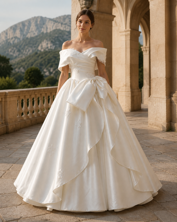 MANT Off-Shoulder Bow Cascading Ruffle Ball Gown Wedding Dress