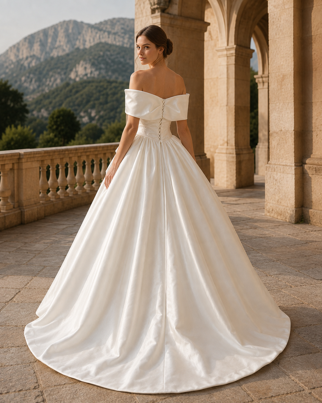 MANT Off-Shoulder Bow Cascading Ruffle Ball Gown Wedding Dress