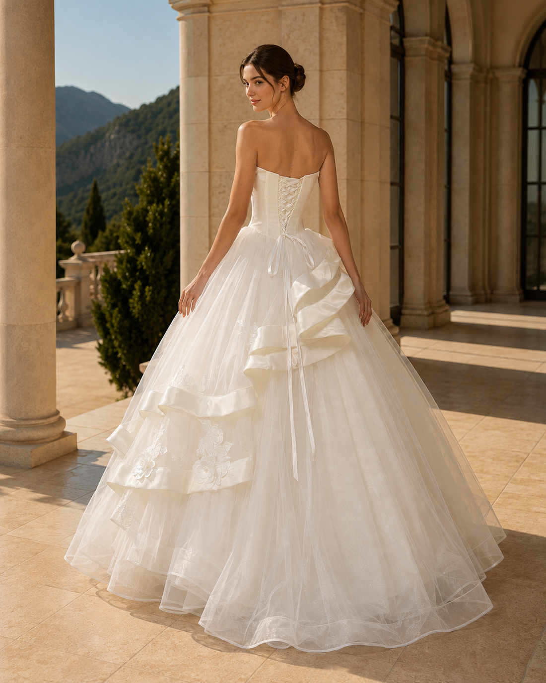 MANT Sweetheart Asymmetric Ribbon Ruffle Ball Gown Wedding Dress