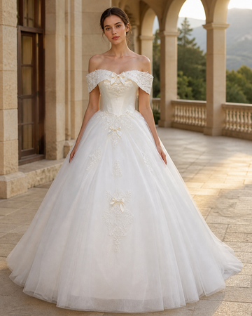 MANT Off-Shoulder Scalloped Lace Bow Ball Gown Wedding Dress