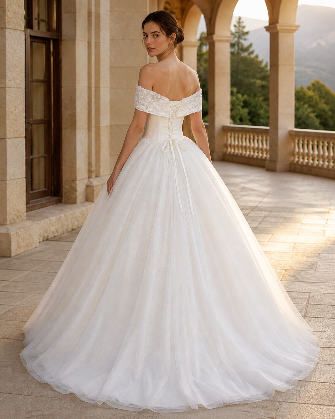 MANT Off-Shoulder Scalloped Lace Bow Ball Gown Wedding Dress