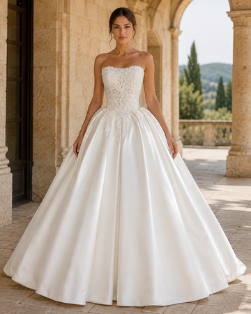 MANT Strapless Lace Satin-Look Ball Gown Wedding Dress