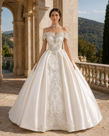 MANT Off-Shoulder Ornamental Satin-Look Ball Gown Wedding Dress