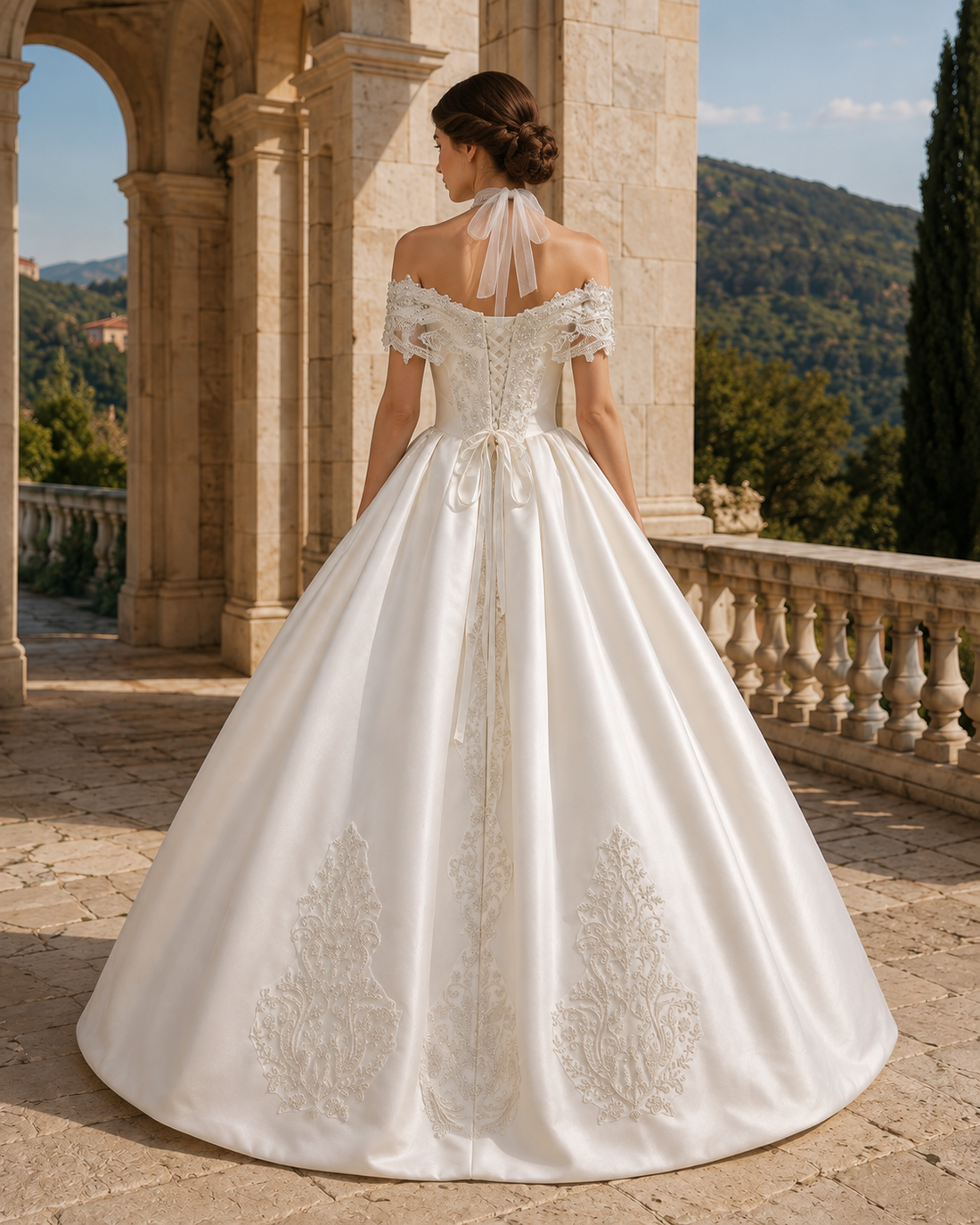 MANT Off-Shoulder Ornamental Satin-Look Ball Gown Wedding Dress