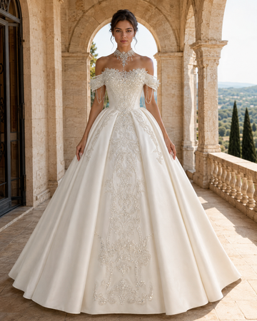 MANT Off-Shoulder Ornate Scroll Panel Ball Gown Wedding Dress