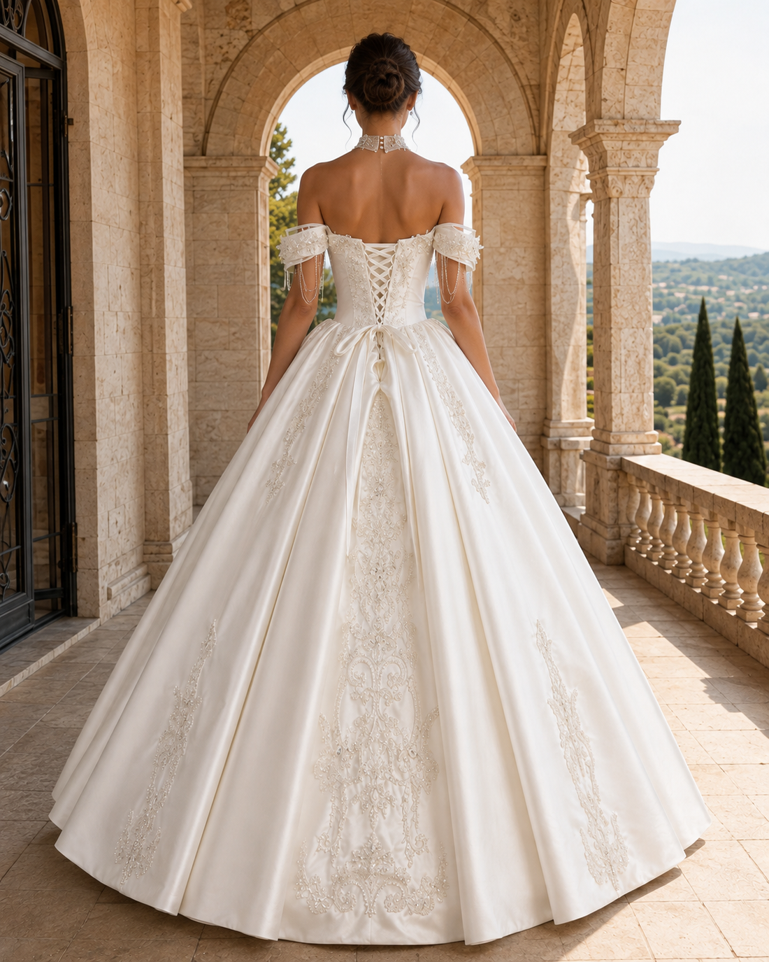 MANT Off-Shoulder Ornate Scroll Panel Ball Gown Wedding Dress