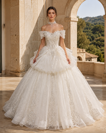 MANT Off-Shoulder Ornate Ruffled Peplum Ball Gown Wedding Dress