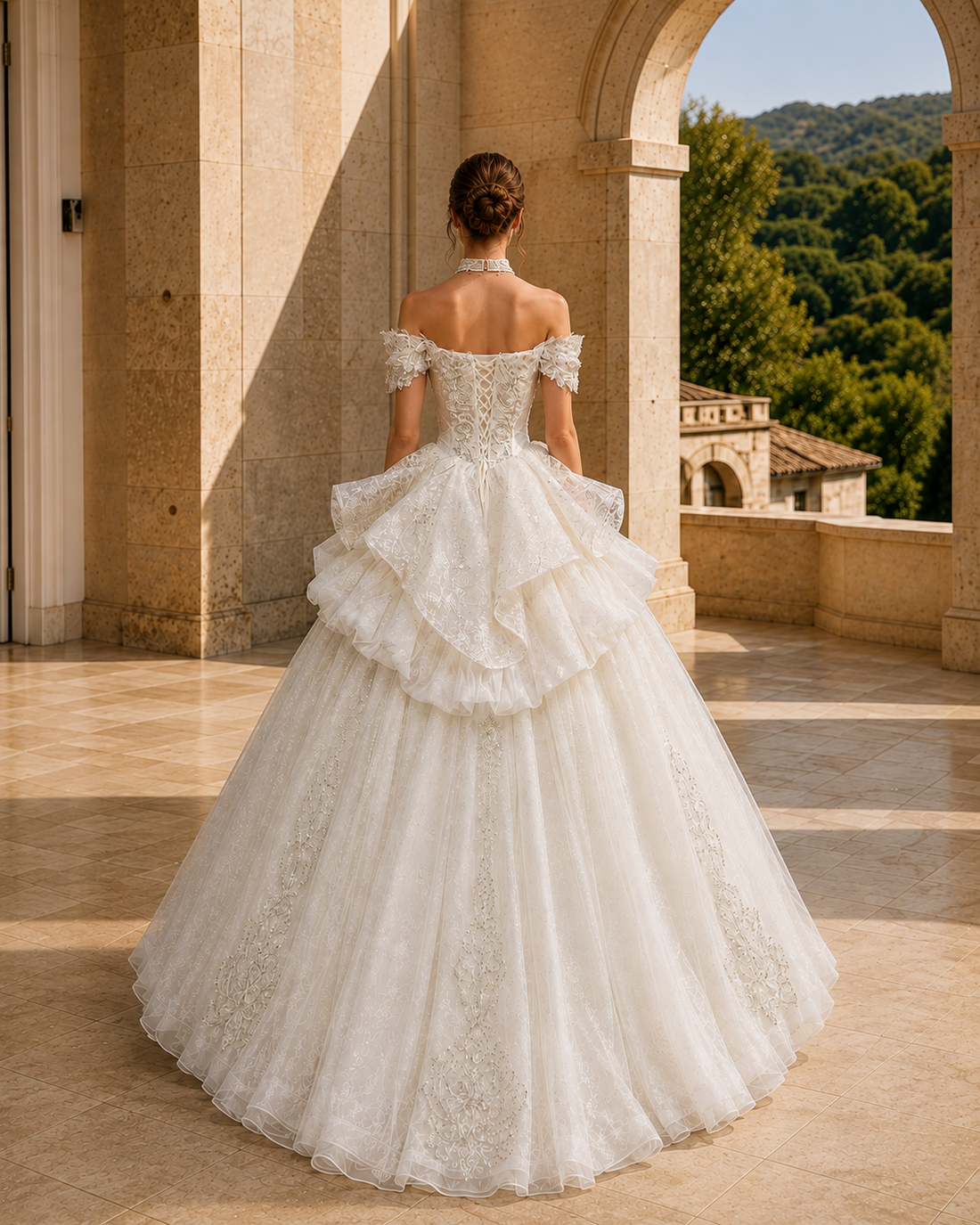 MANT Off-Shoulder Ornate Ruffled Peplum Ball Gown Wedding Dress