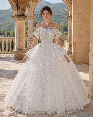 MANT Off-Shoulder Ornate Winged Peplum Ball Gown Wedding Dress