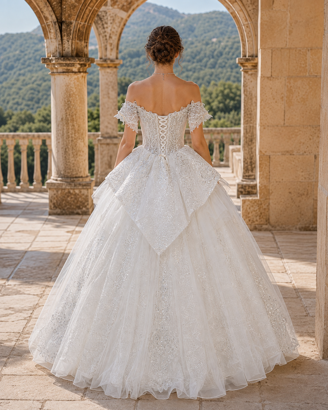 MANT Off-Shoulder Ornate Winged Peplum Ball Gown Wedding Dress