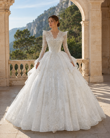 MANT V-Neck Long-Sleeve Ornate Lace Ball Gown Wedding Dress