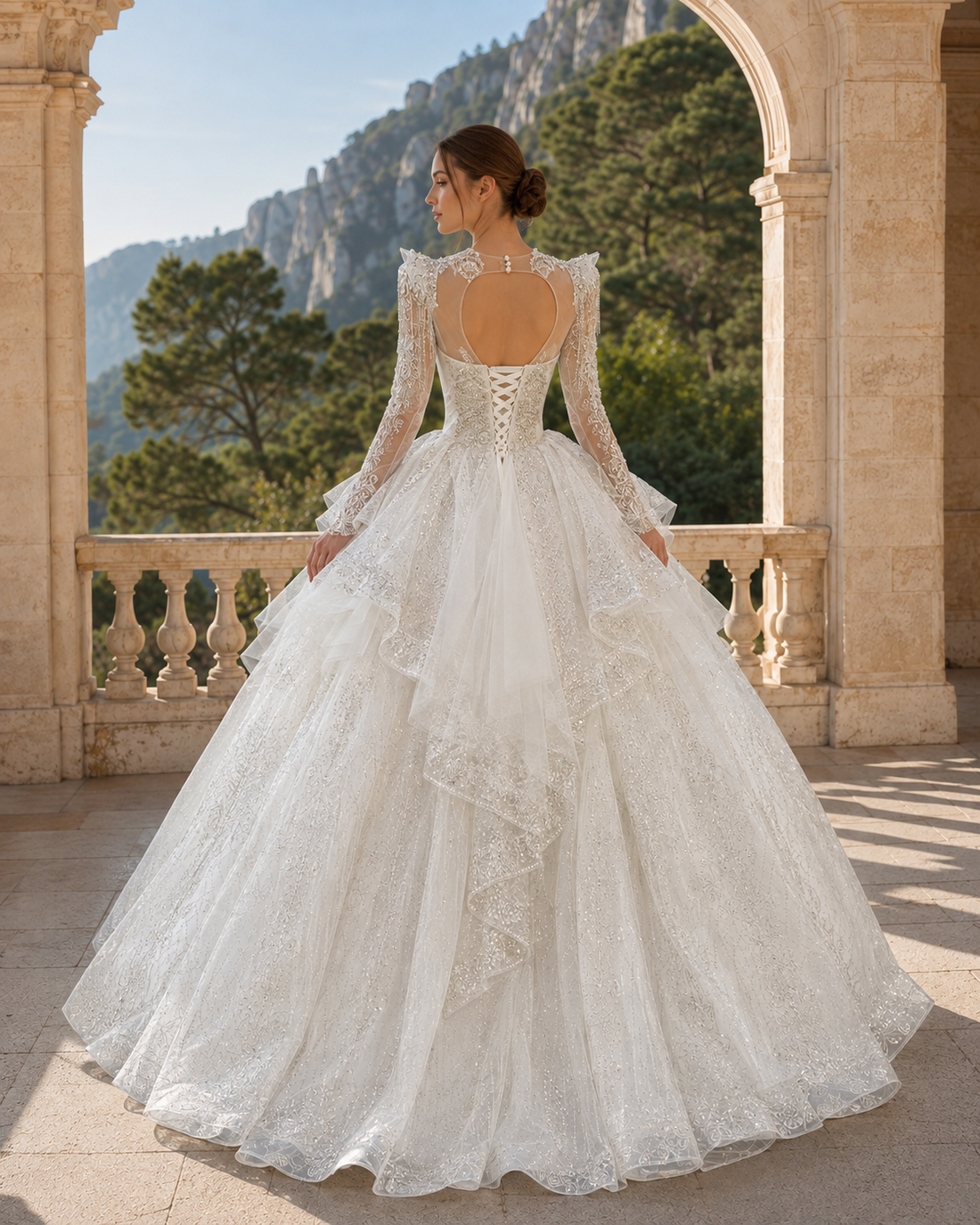 MANT V-Neck Long-Sleeve Ornate Lace Ball Gown Wedding Dress