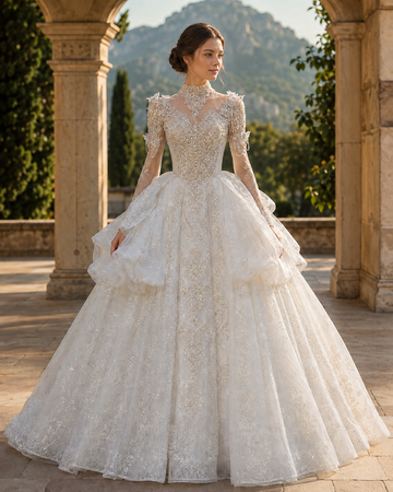 MANT V-Neck Ornate Bustle Ball Gown Wedding Dress