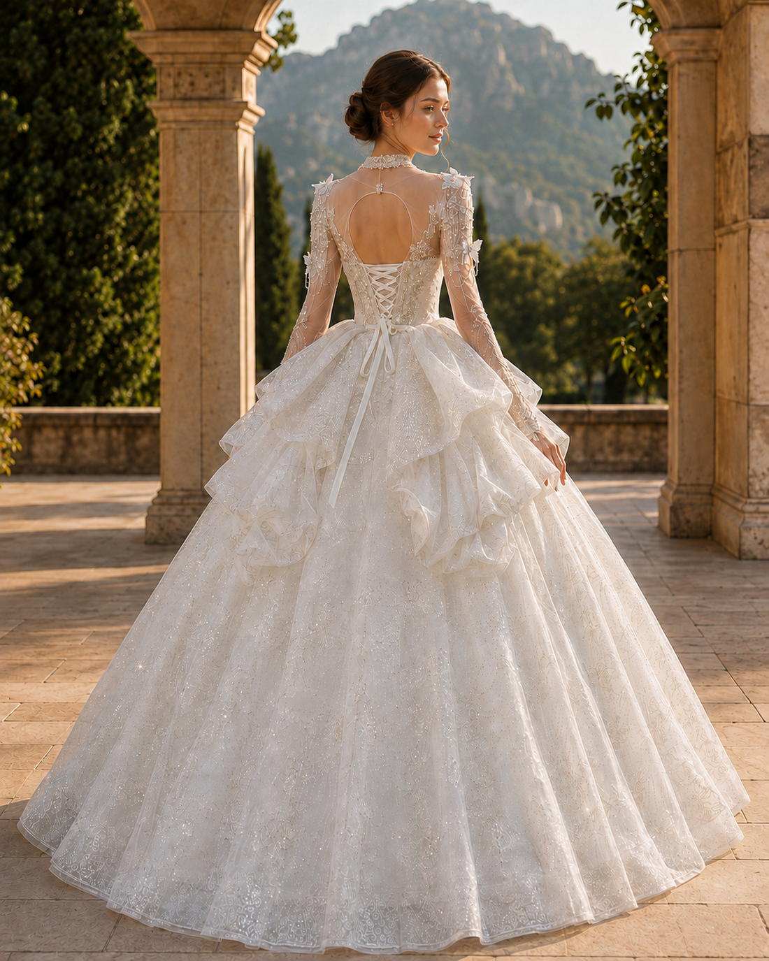 MANT V-Neck Ornate Bustle Ball Gown Wedding Dress