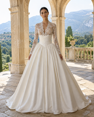 MANT Plunging V-Neck Long-Sleeve Lace Ball Gown Wedding Dress