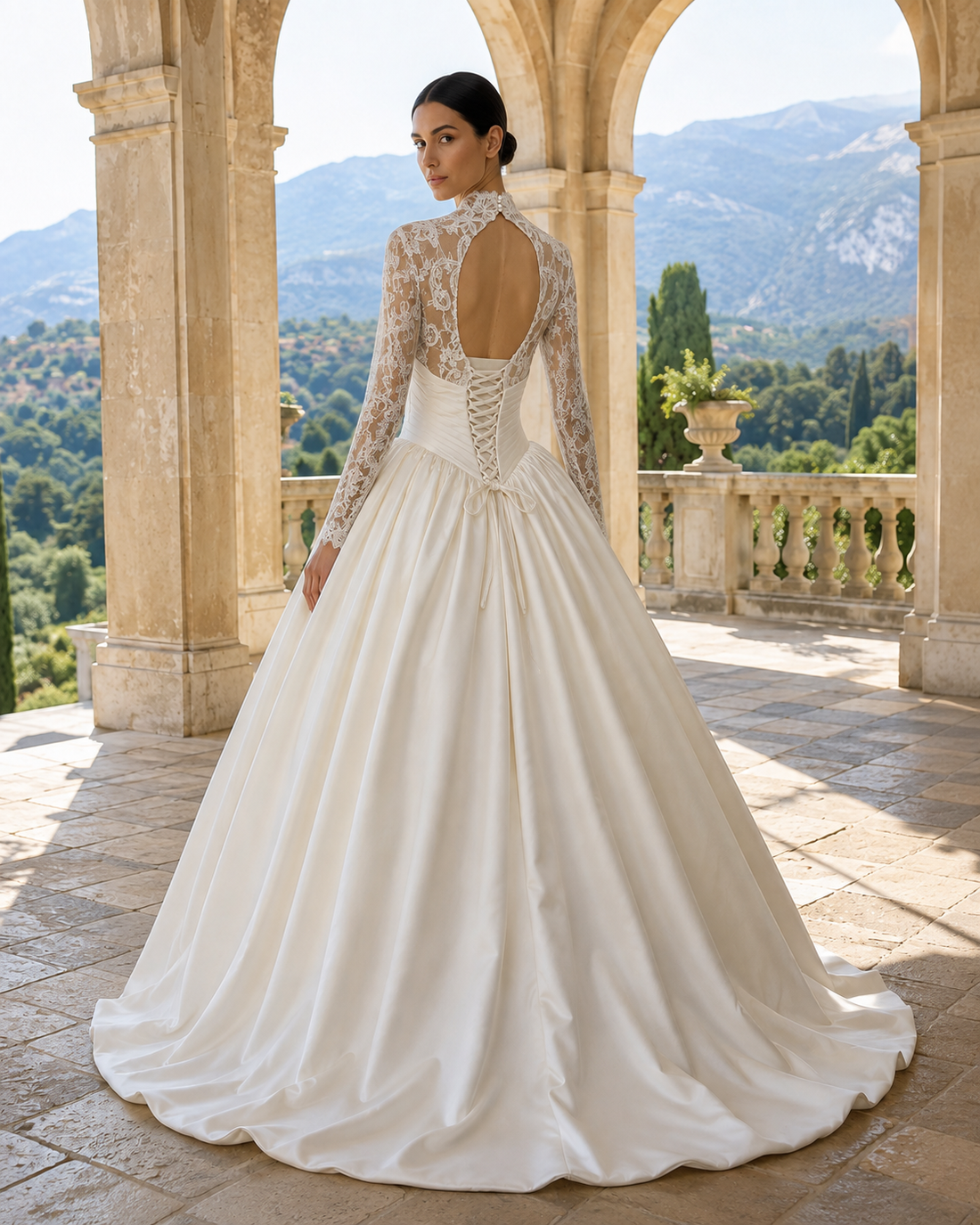 MANT Plunging V-Neck Long-Sleeve Lace Ball Gown Wedding Dress