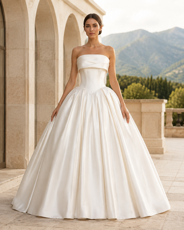 MANT Strapless Folded Satin-Look Ball Gown Wedding Dress