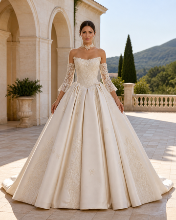 MANT Off-Shoulder Long-Sleeve Ornate Lace Ball Gown Wedding Dress