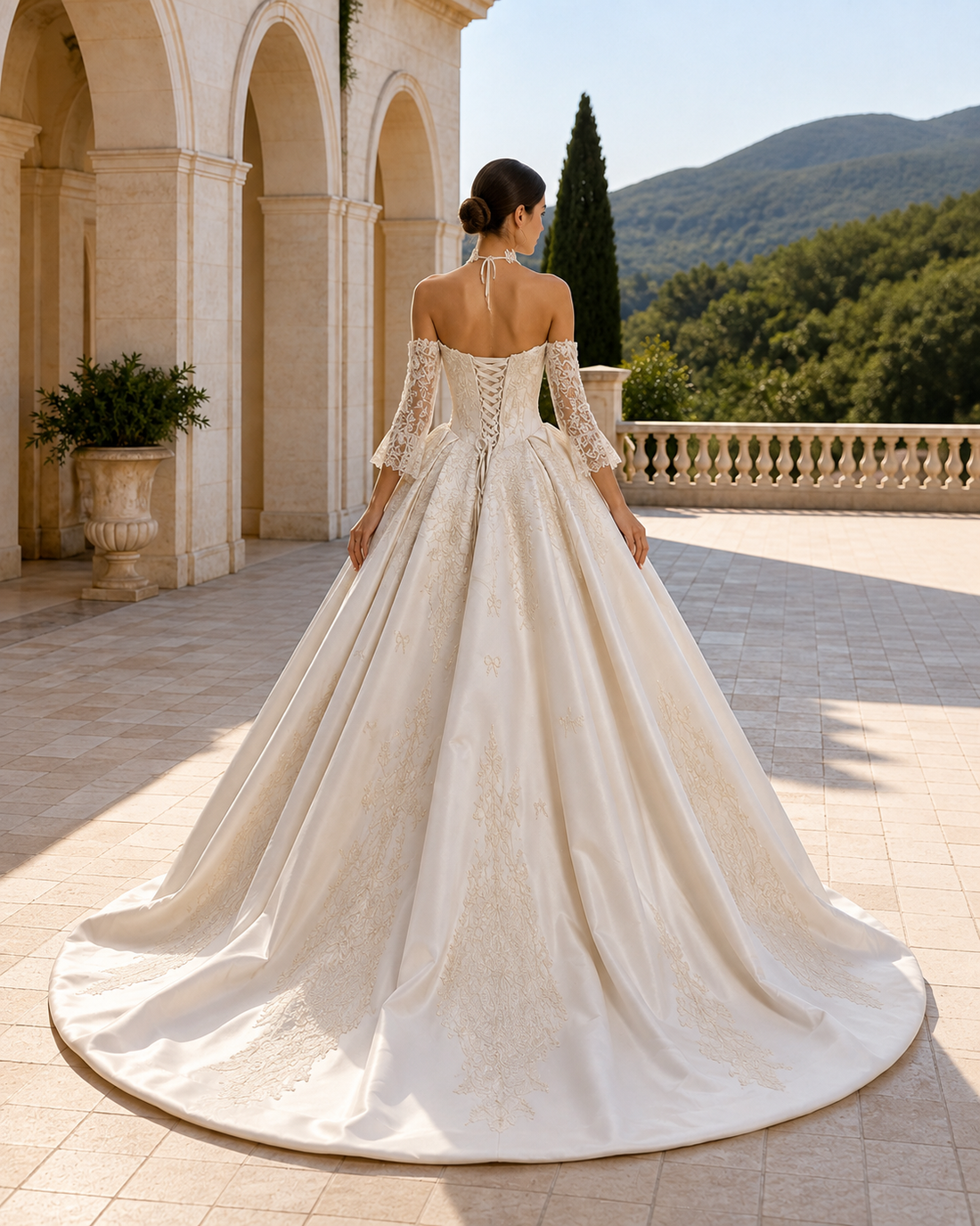 MANT Off-Shoulder Long-Sleeve Ornate Lace Ball Gown Wedding Dress
