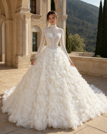 MANT High-Neck Long-Sleeve Floral Ball Gown Wedding Dress
