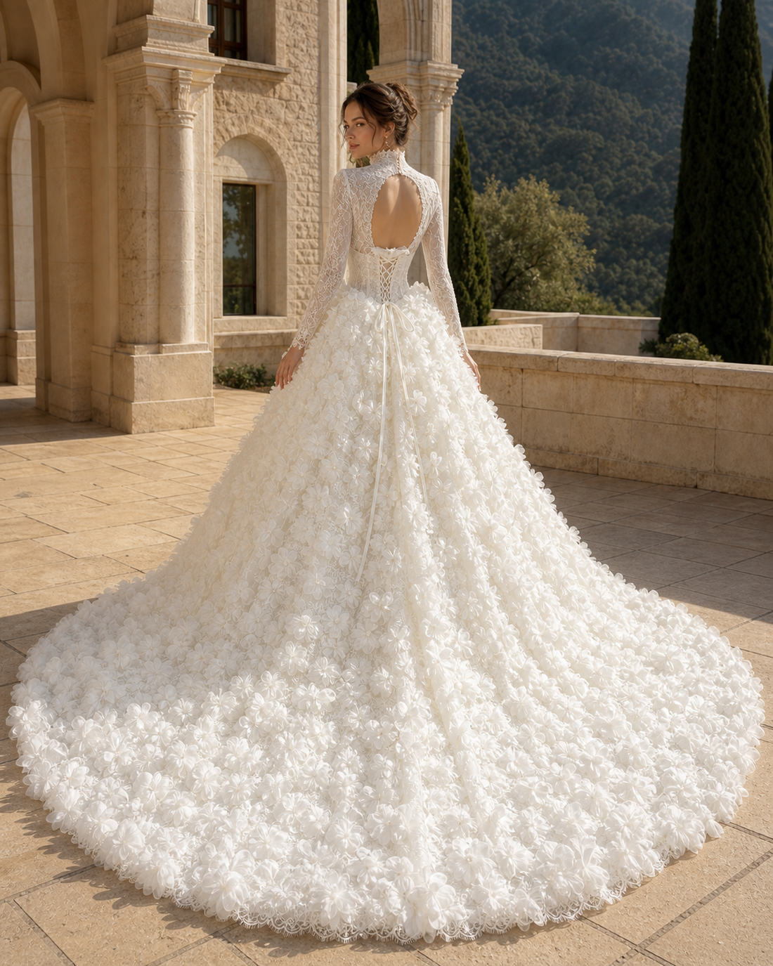 MANT High-Neck Long-Sleeve Floral Ball Gown Wedding Dress