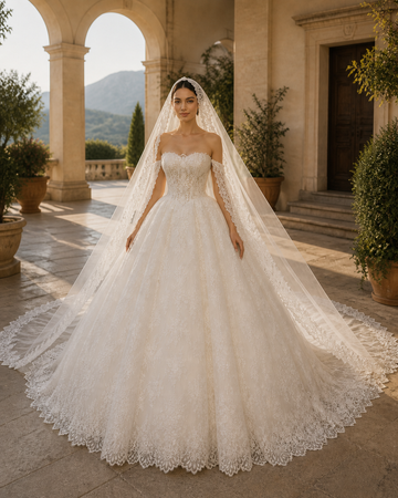 MANT High-Neck Long-Sleeve Lace Ball Gown Wedding Dress