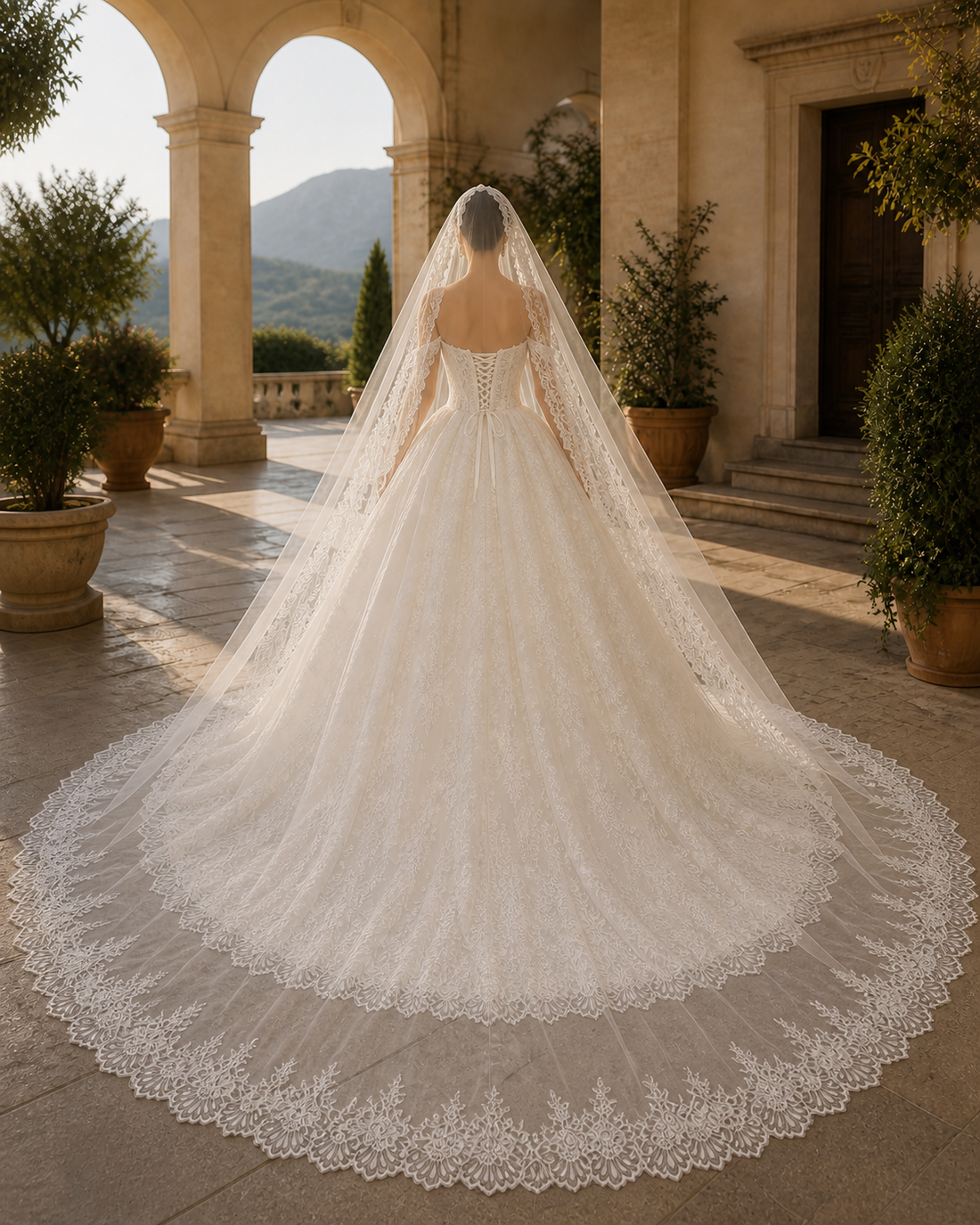 MANT High-Neck Long-Sleeve Lace Ball Gown Wedding Dress