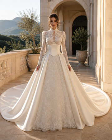 MANT Deep V-Neck Lace-Inset Satin Ball Gown Wedding Dress